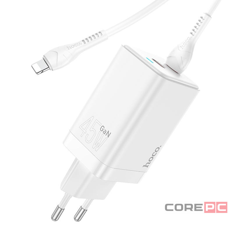 Сетевое зар. устр. Hoco N23 GaN с шнуром Type-C на Lightning 2C 45W белое