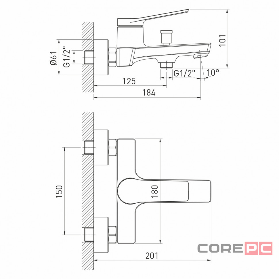 Смеситель для ванны MIXLINE МЛ24-01/ML24-01, рычажное управление, цвет хром