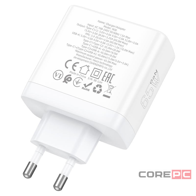 Сетевое зар. устр. Hoco N30 GaN 1USB/2USB-С 65W белое