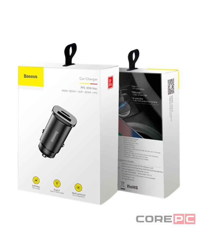 Автомобильное заряд. устр. Baseus Circular Metal 1USB/1C 30W CCALL-BS01 черное