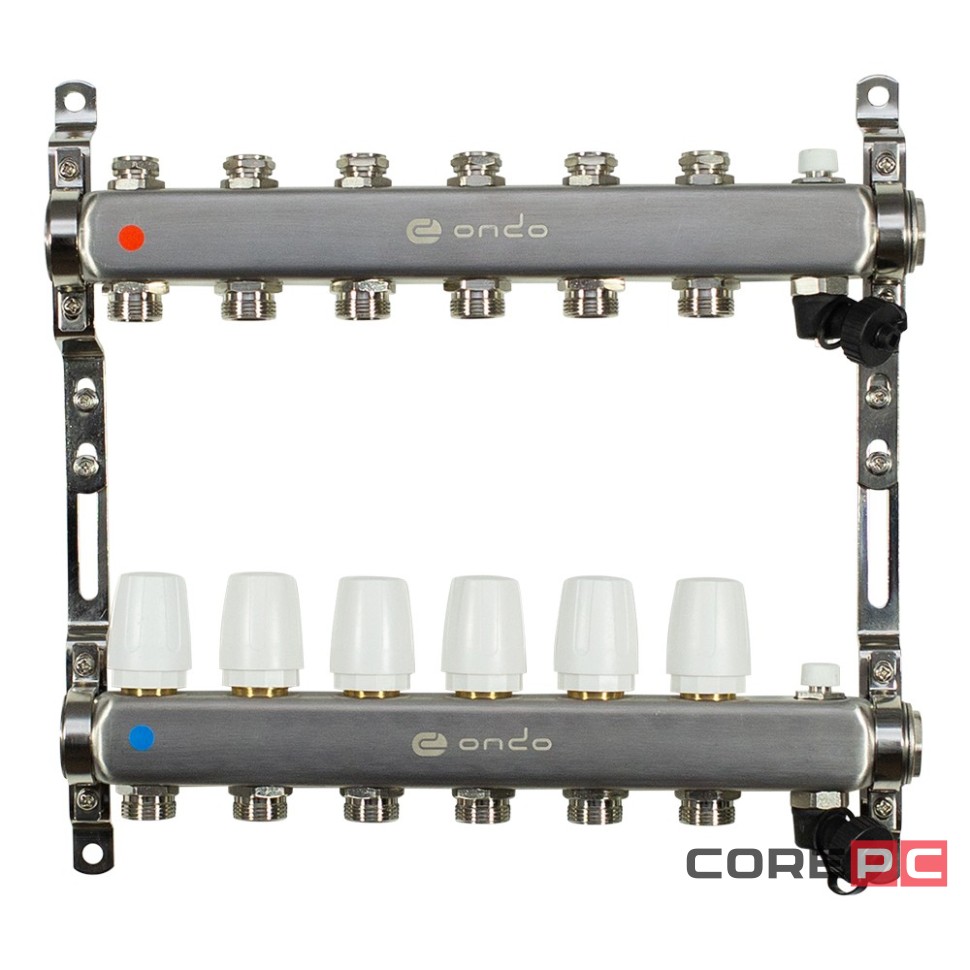 Группа коллекторная ONDO нерж сталь 6 вых. в сборе с термостатическими и запорными клапанами