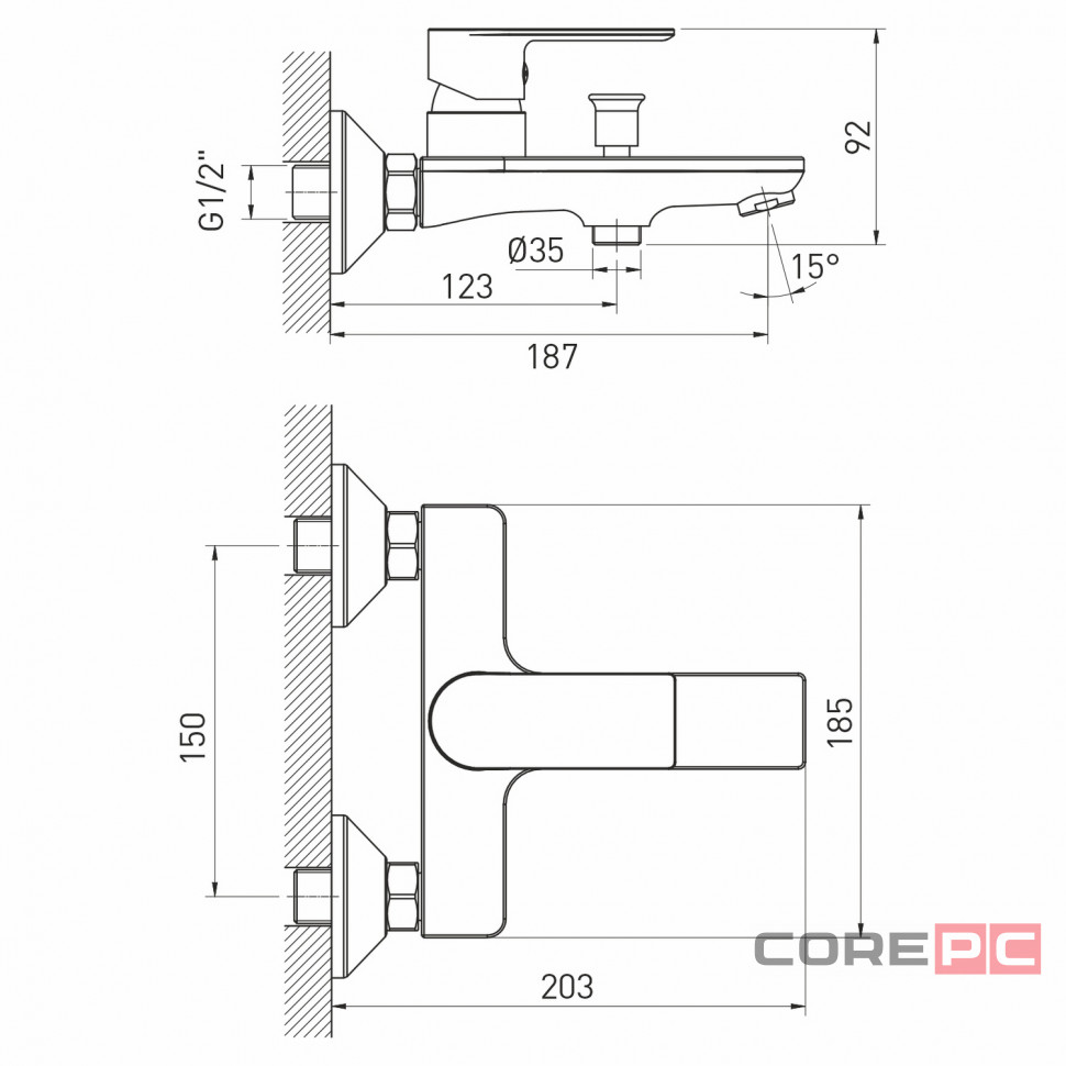Смеситель для ванны MIXLINE МЛ26-01/ML26-01, рычажное управление, цвет хром