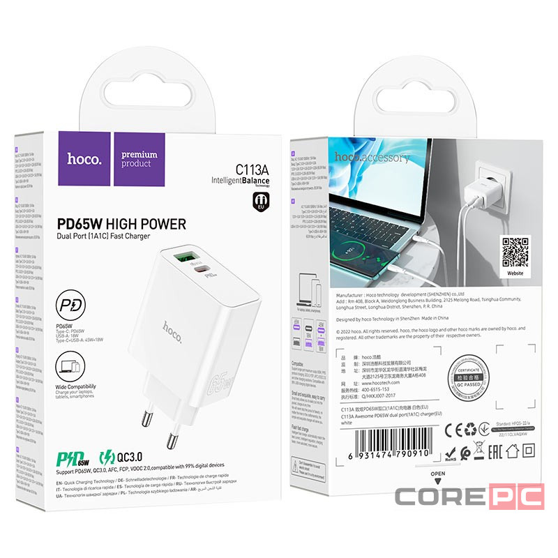 Сетевое зар. устр. Hoco C113A 1USB/1C 65W белое