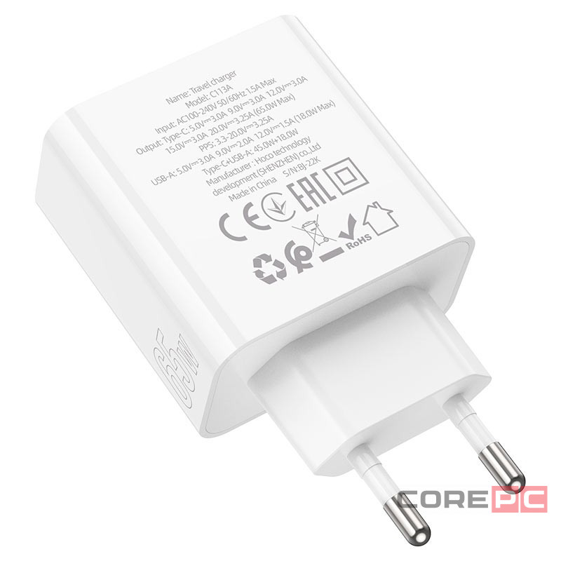 Сетевое зар. устр. Hoco C113A 1USB/1C 65W белое