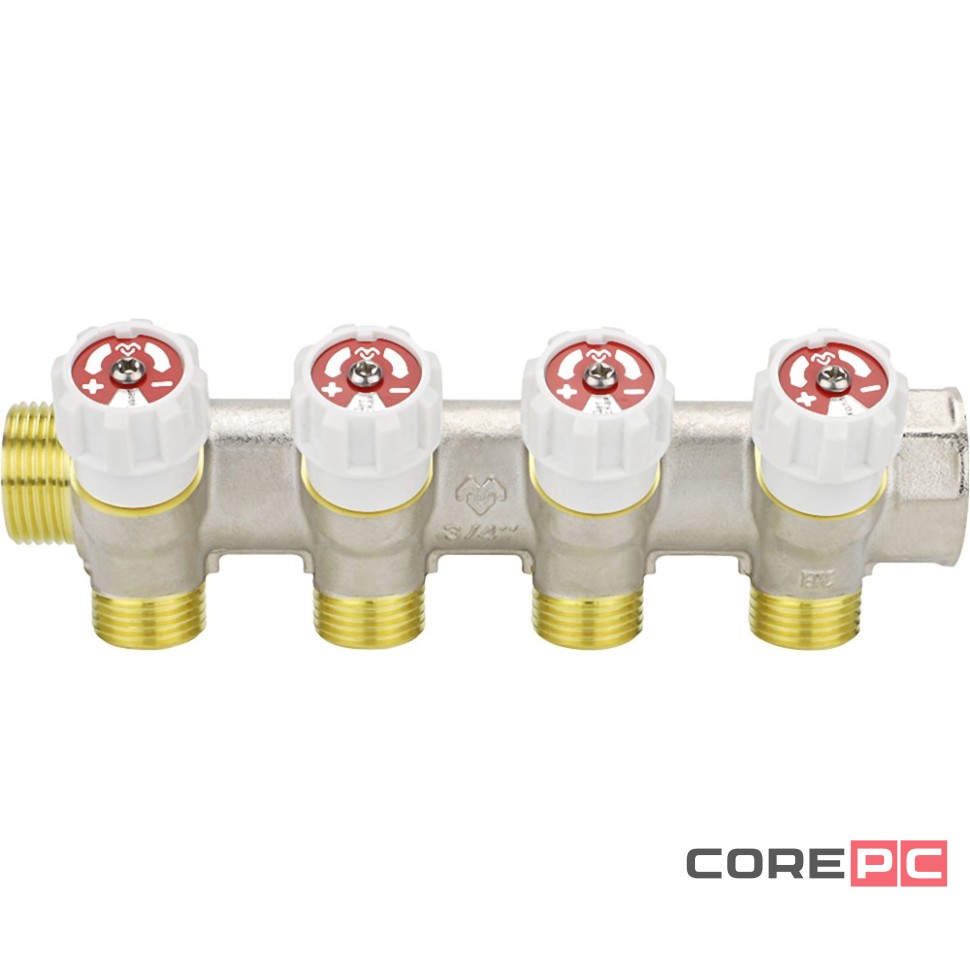Коллектор распределительный VARMEGA с запорными клапанами 3/4 х3/4, 4 выхода, евро конус