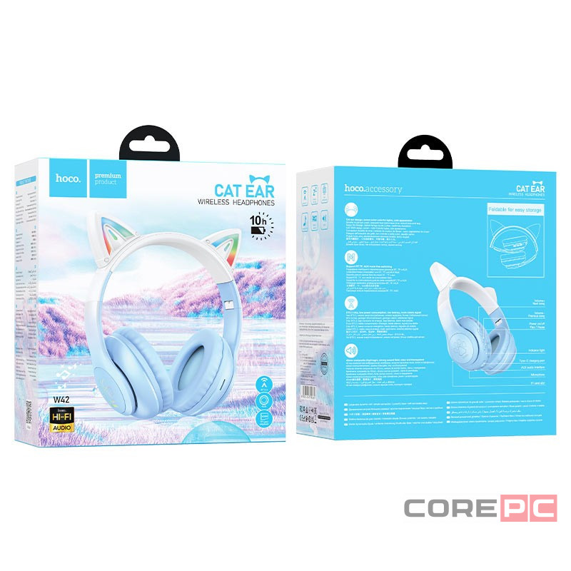 Стереонаушники Bluetooth Полноразмерные Hoco W42 Cat Ear BT5.3/10ч синие