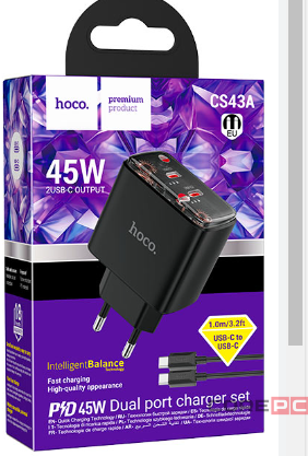 Сетевое зар. устр. Hoco CS43A 2C 45W черное