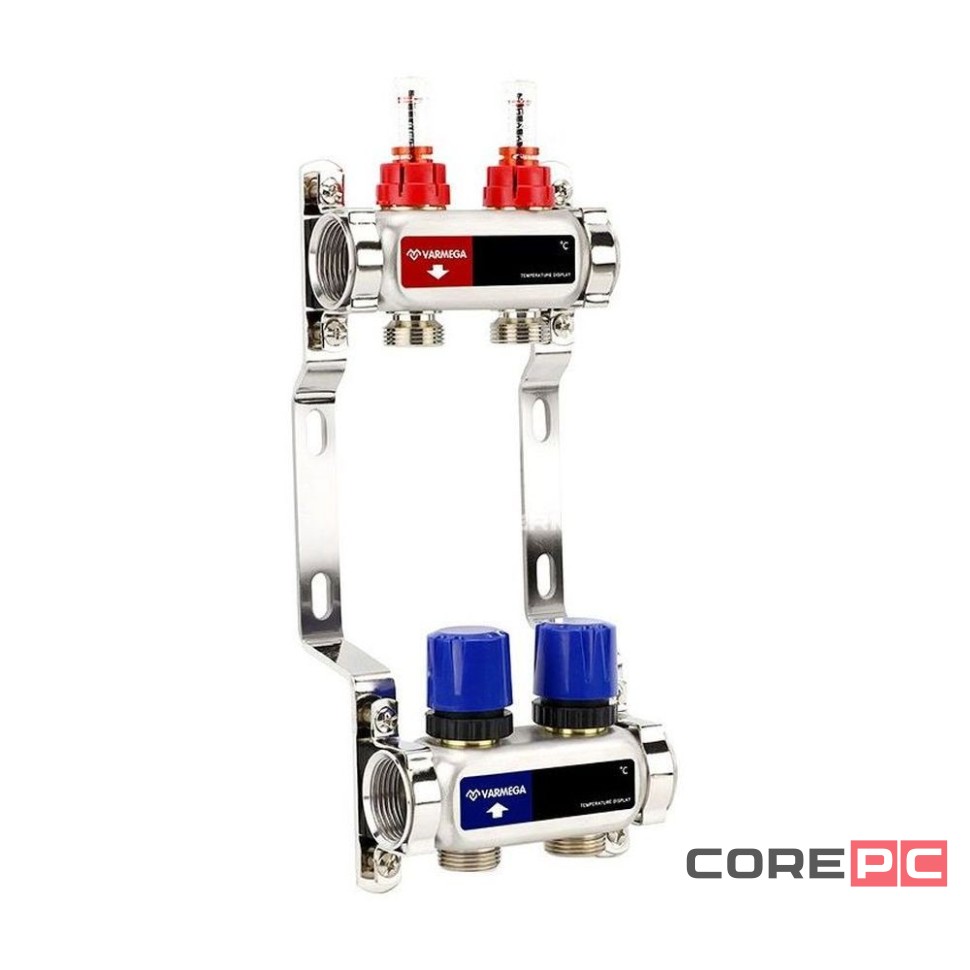 Группа коллекторная с расходомерами VARMEGA VM15102 ВР 1quot;, на 2 контура 3/4quot; EK, нерж. сталь