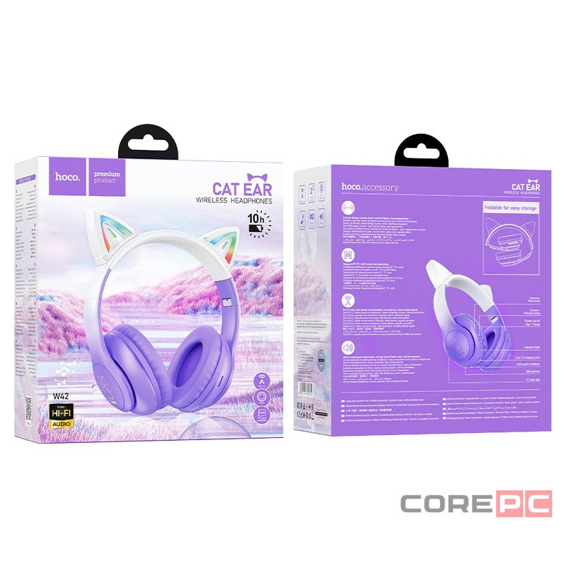 Стереонаушники Bluetooth Полноразмерные Hoco W42 Cat Ear BT5.3/10ч фиолетовые