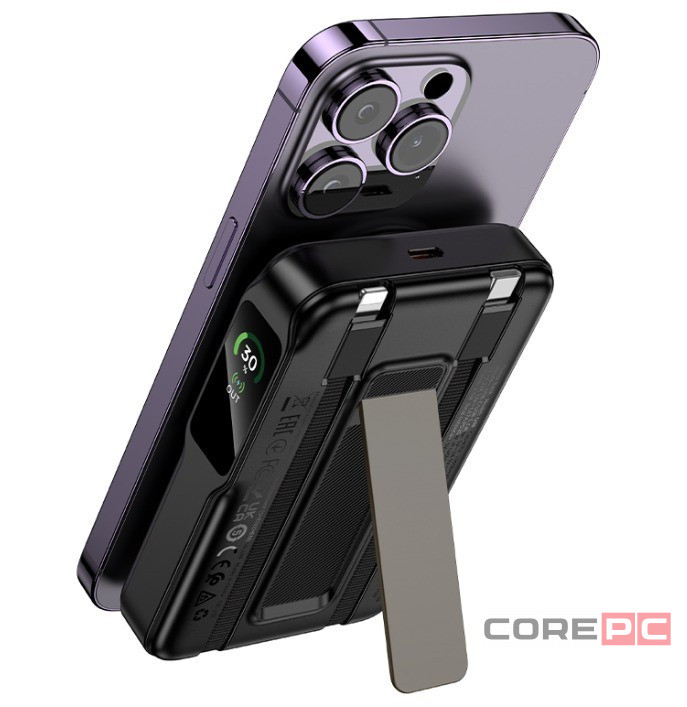 Powerbank Hoco Q48 10000mAh1C 20W с проводом Type-C/Lightning, дисплеем и подставкой черный