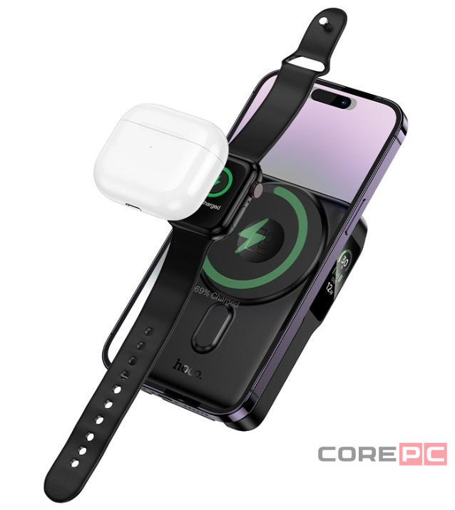 Powerbank Hoco Q48 10000mAh1C 20W с проводом Type-C/Lightning, дисплеем и подставкой черный