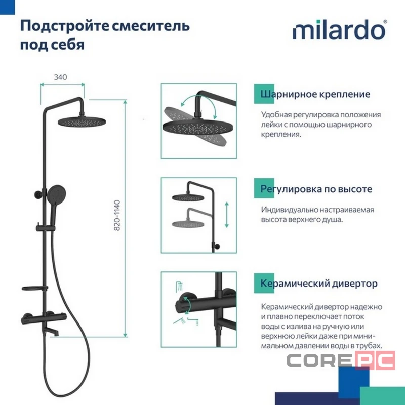 Душевая система Milardo термостат ILSBLTHM06 Идеал Спа (Ideal Spa) лейка тропический душ черный матовый