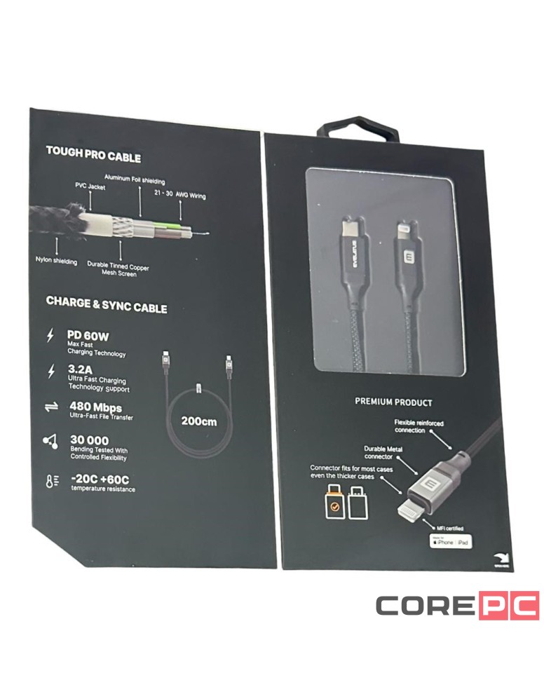 Usb Кабель-зарядка Type-C на Lightning Evelatus 60W 2м в тканевой оплетке черный