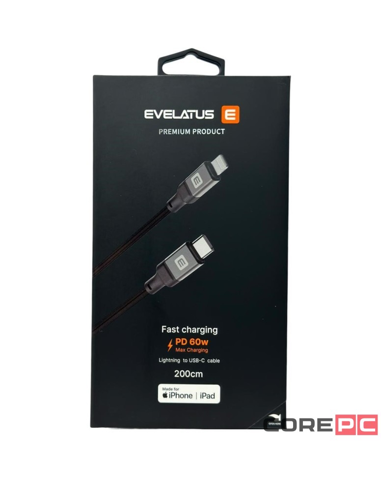 Usb Кабель-зарядка Type-C на Lightning Evelatus 60W 2м в тканевой оплетке черный