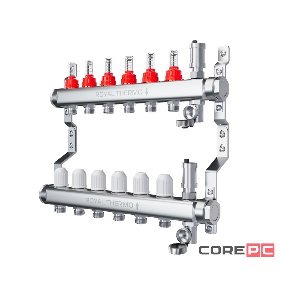 Коллектор Royal Thermo нерж. в сборе с расходомерами 1quot; ВР-3/4quot; НР с автомат.воздухоотвод-ми 12 вых.