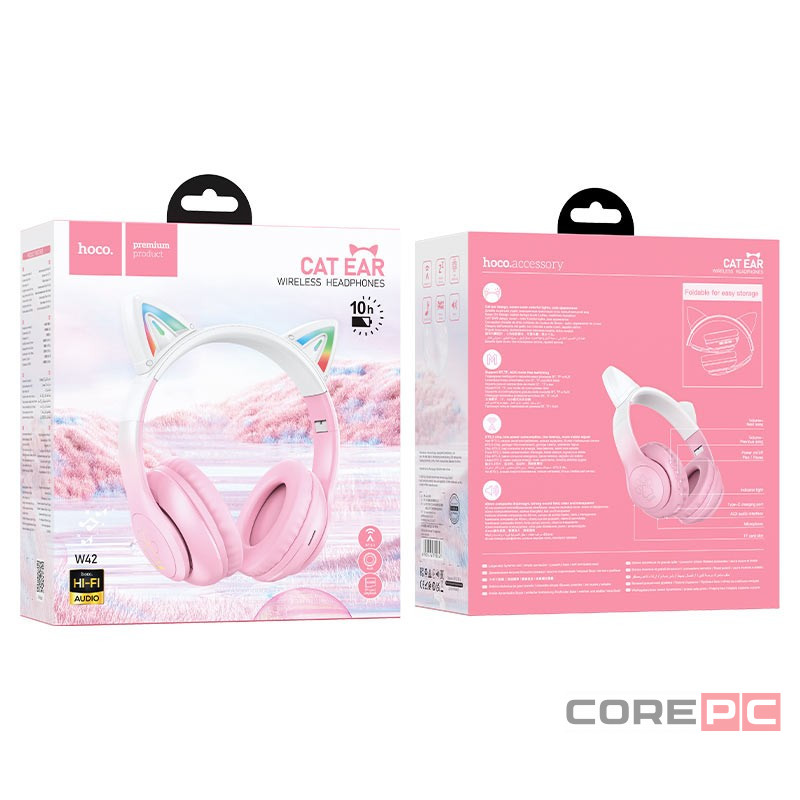 Стереонаушники Bluetooth Полноразмерные Hoco W42 Cat Ear BT5.3/10ч розовые