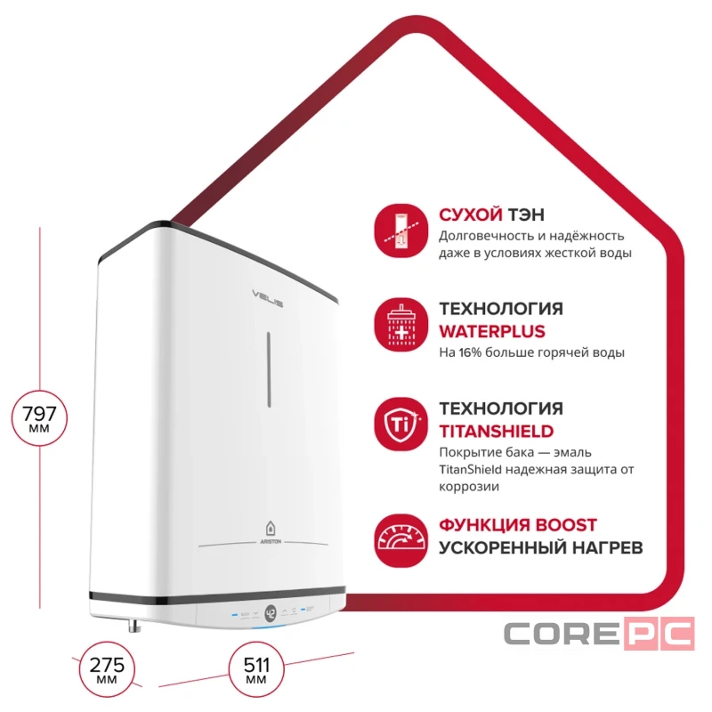 Водонагреватель накопительный VELIS TECH ABSE DRY (сухой ТЭН) 50 ARISTON (плоский)