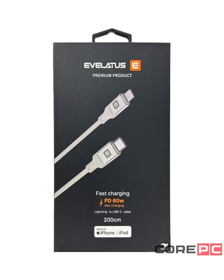 Usb Кабель-зарядка Type-C на Lightning Evelatus 60W 2м в тканевой оплетке белый
