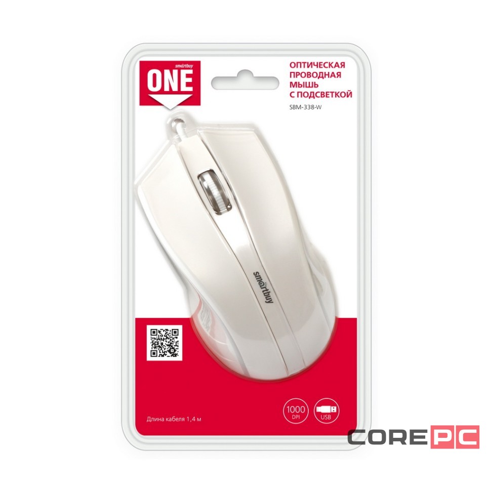 Мышь проводная с подсветкой Smartbuy ONE 338 USB/DPI 1200/3 кнопки/LED/1.4м (SBM-338-W) белая