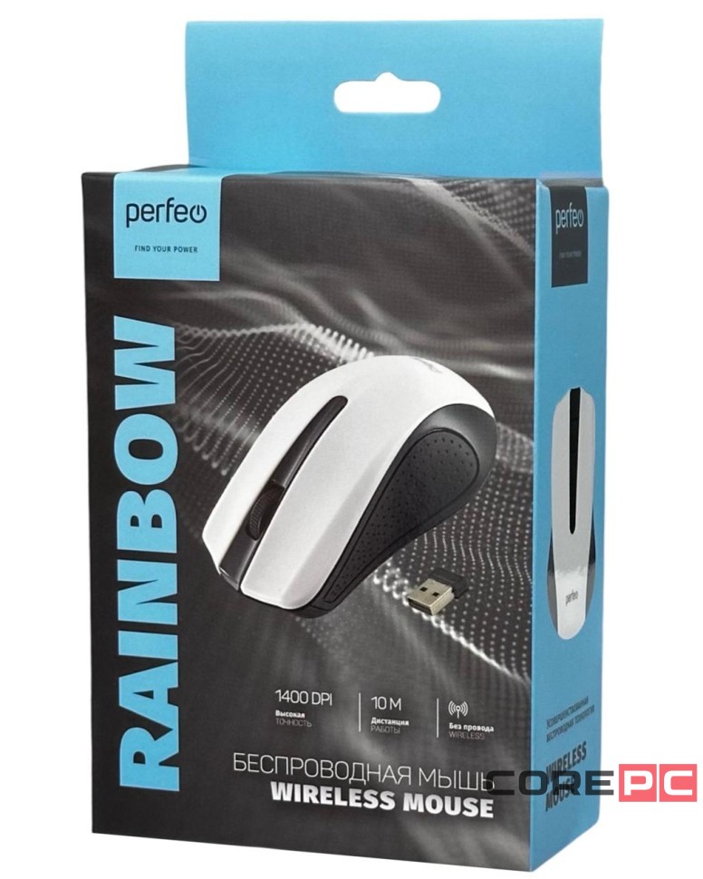 Perfeo мышь беспров., оптич. Rainbow, 3 кн, DPI 1000, USB, белая