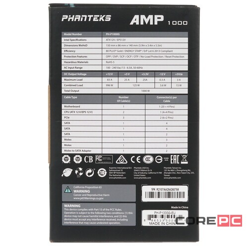 Блок питания PHANTEKS 1000W AMP Black PH-P1000G_BK02 16 Pin (PCIe 5.0 Connector Cable Details)