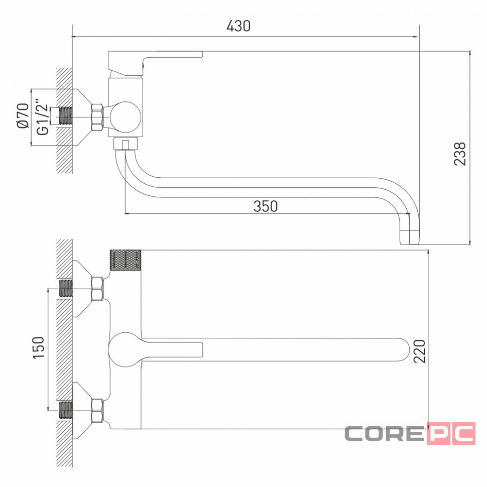 Смеситель для ванны и раковины MIXLINE МЛ22-02, рычажное управление, цвет хром