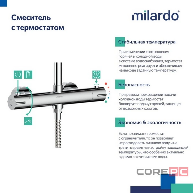 Душевая система Milardo термостат ILSSBTHM89 Идеал Спа (Ideal Spa) лейка тропический душ, хром