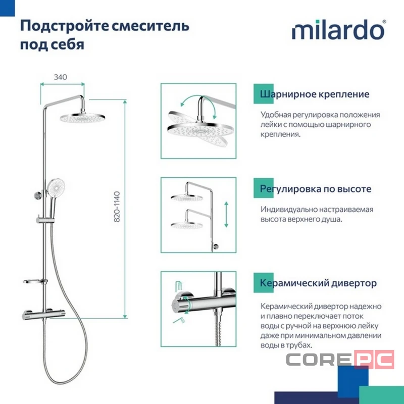 Душевая система Milardo термостат ILSSBTHM89 Идеал Спа (Ideal Spa) лейка тропический душ, хром