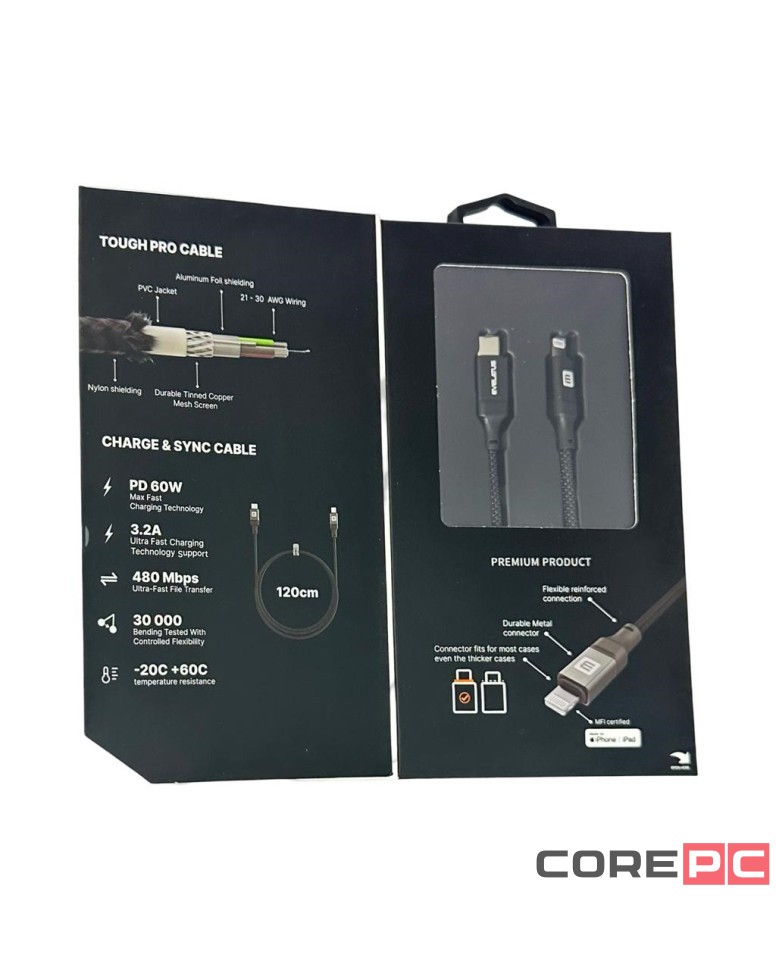 Usb Кабель-зарядка Type-C на Lightning Evelatus 60W 1.2м в тканевой оплетке черный