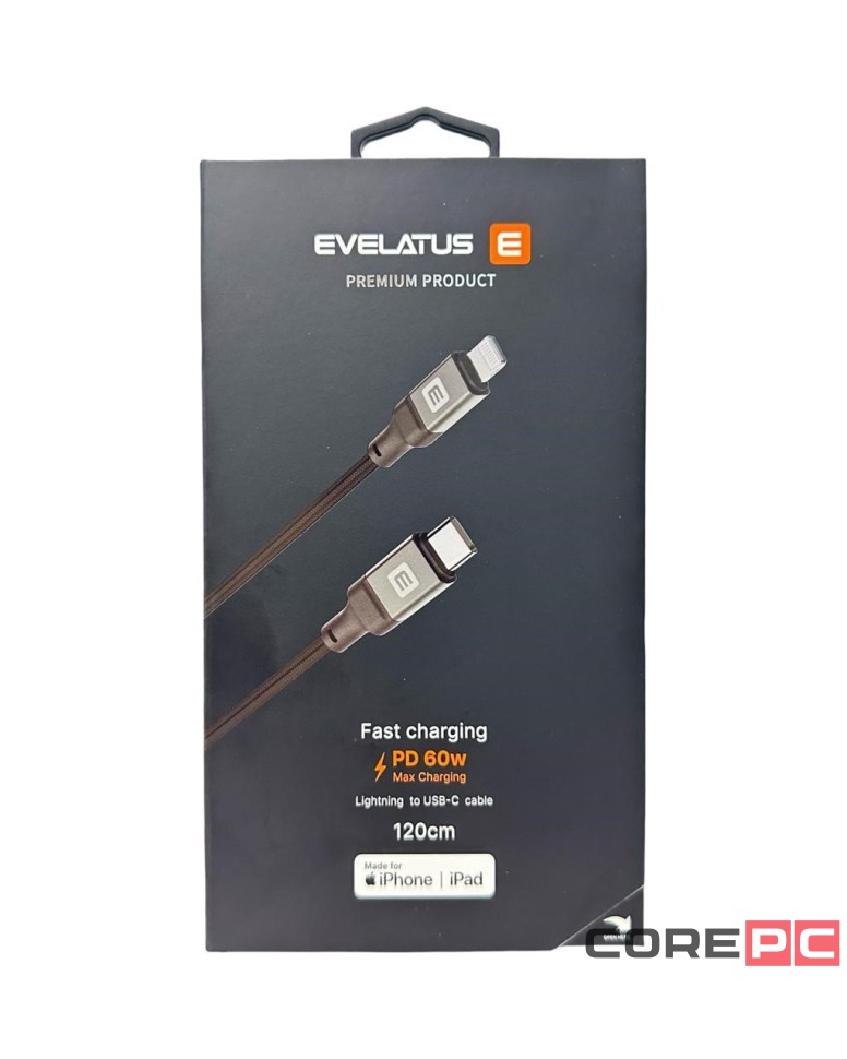 Usb Кабель-зарядка Type-C на Lightning Evelatus 60W 1.2м в тканевой оплетке черный