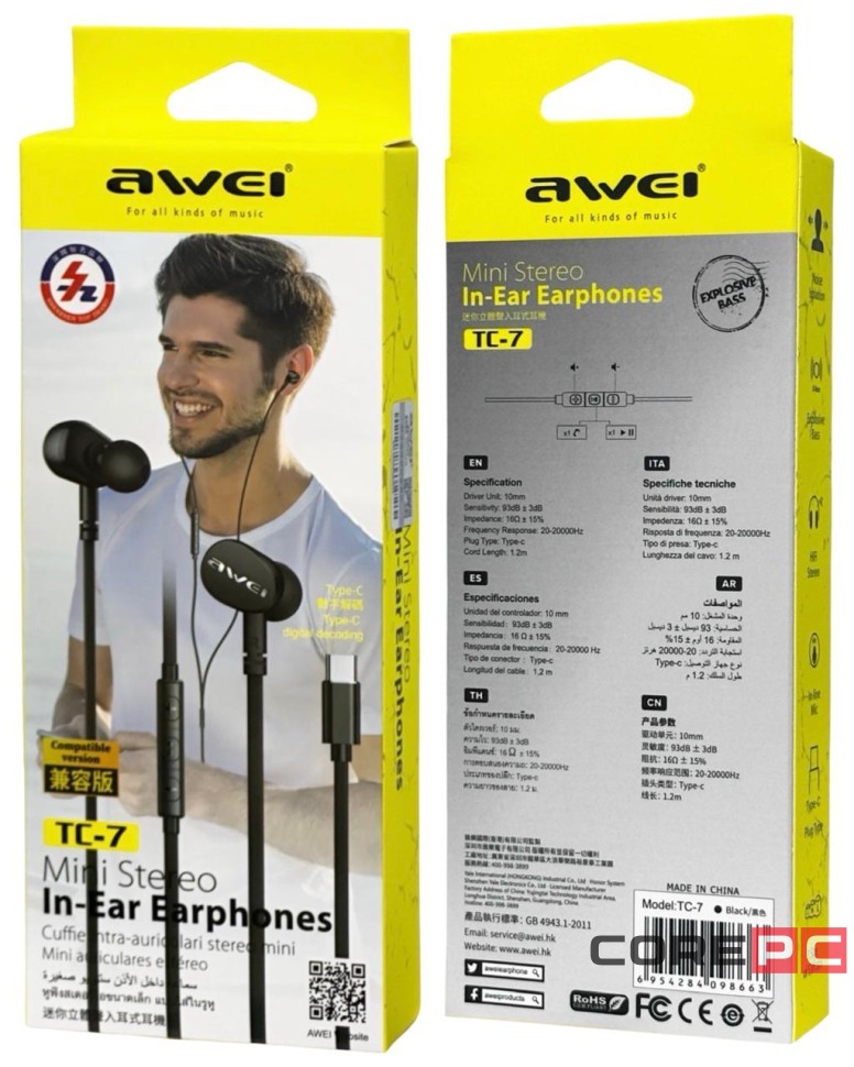 Стереонаушники Awei TC-7 с микрофоном Type-C 1.2м черные