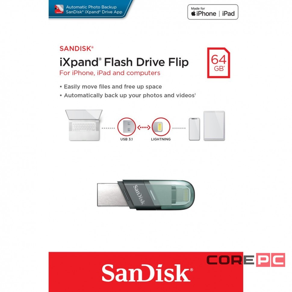 3.0 USB флеш накопитель SanDisk iXpand Flash Drive Flip 64GB (SDIX90N-064G-GN6NN)