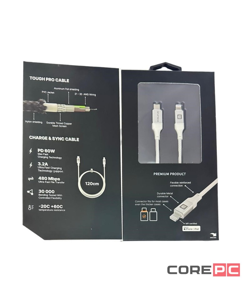 Usb Кабель-зарядка Type-C на Lightning Evelatus 60W 1,2м в тканевой оплетке белый
