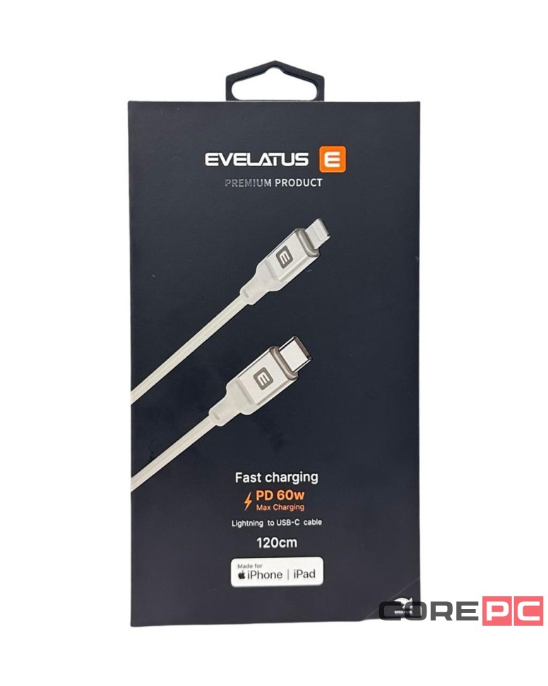 Usb Кабель-зарядка Type-C на Lightning Evelatus 60W 1,2м в тканевой оплетке белый