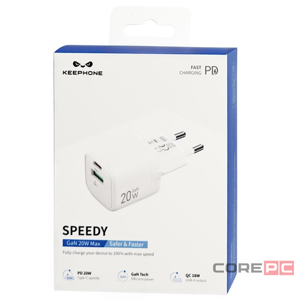 Сетевое зар. устр. Keephone Speedy 1USB+1C Gan 20W белое