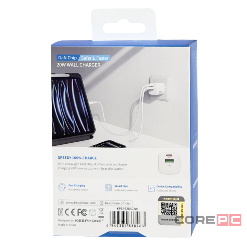 Сетевое зар. устр. Keephone Speedy 1USB+1C Gan 20W белое