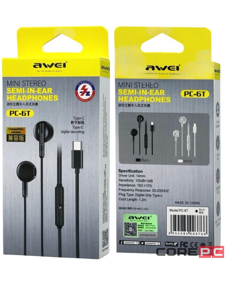 Стереонаушники Awei PC-6T с микрофоном Type-C 1.2м черные