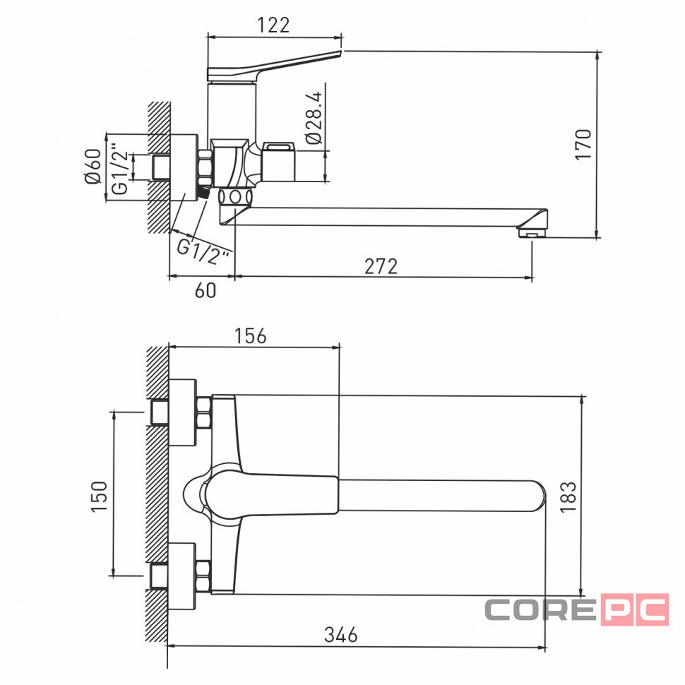 Смеситель для ванны и раковины MIXLINE МЛ24-02/ML24-02, рычажное управление, цвет хром