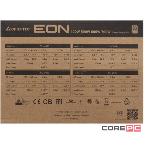 Блок питания Chieftec 400W Eon Black (ZPU-400S)