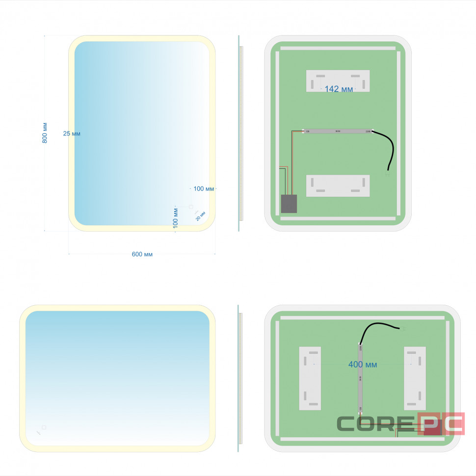 Зеркало MIXLINE Колорит ЭКОНОМ 600х800 (ШВ) сенсор выкл,светодиод подсв,универс.крепеж,без короба