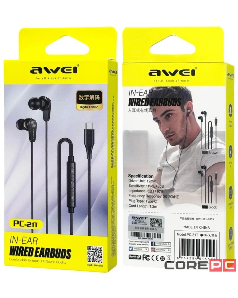 Стереонаушники Awei PC-21T с микрофоном Type-C 1.2м черные
