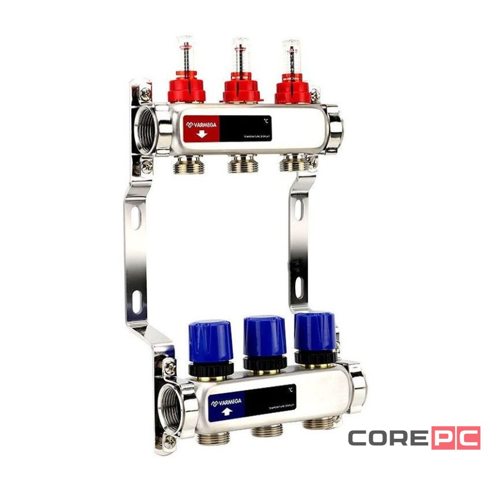 Группа коллекторная с расходомерами VARMEGA VM15103 ВР 1quot;, на 3 контура 3/4quot; EK, нерж. сталь