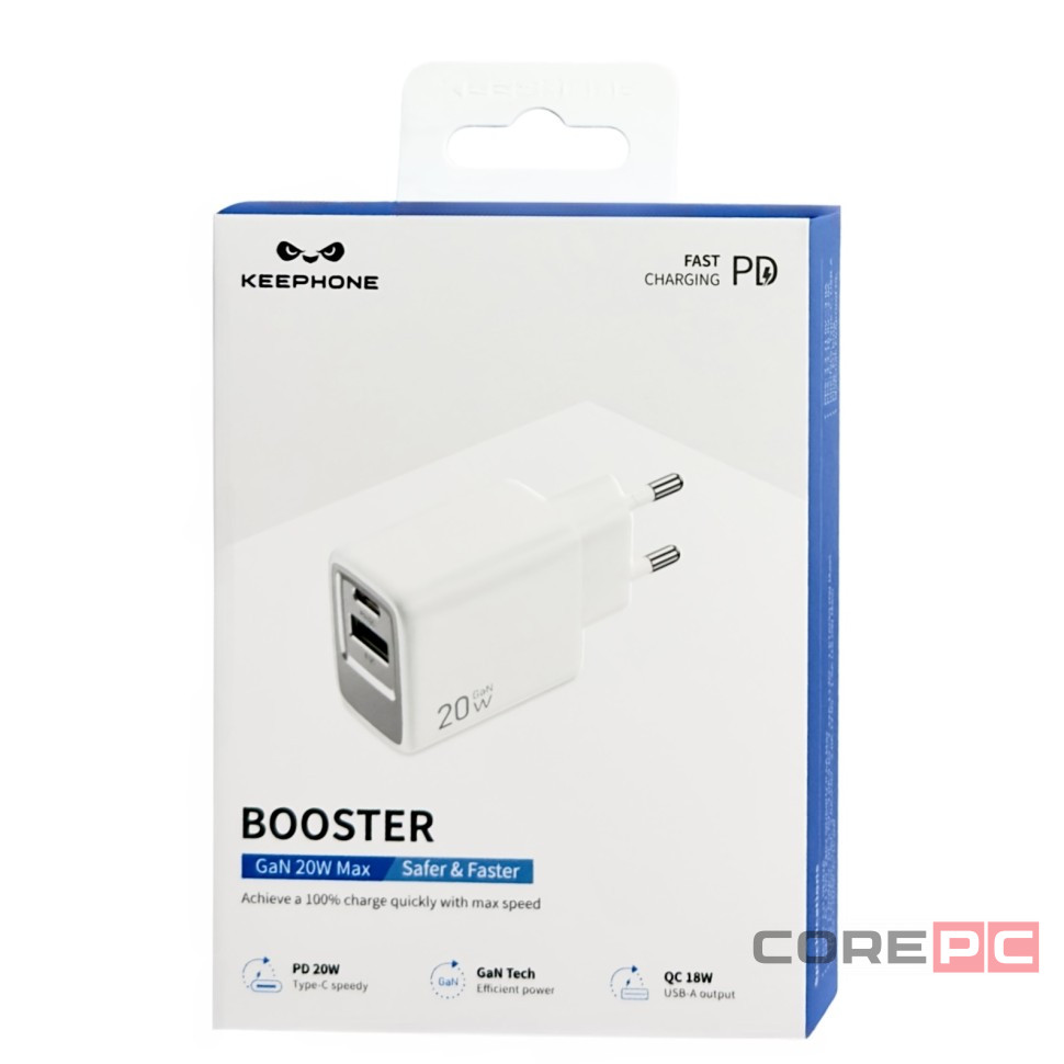 Сетевое зар. устр. Keephone Booster 1USB+1C Gan 20W белое