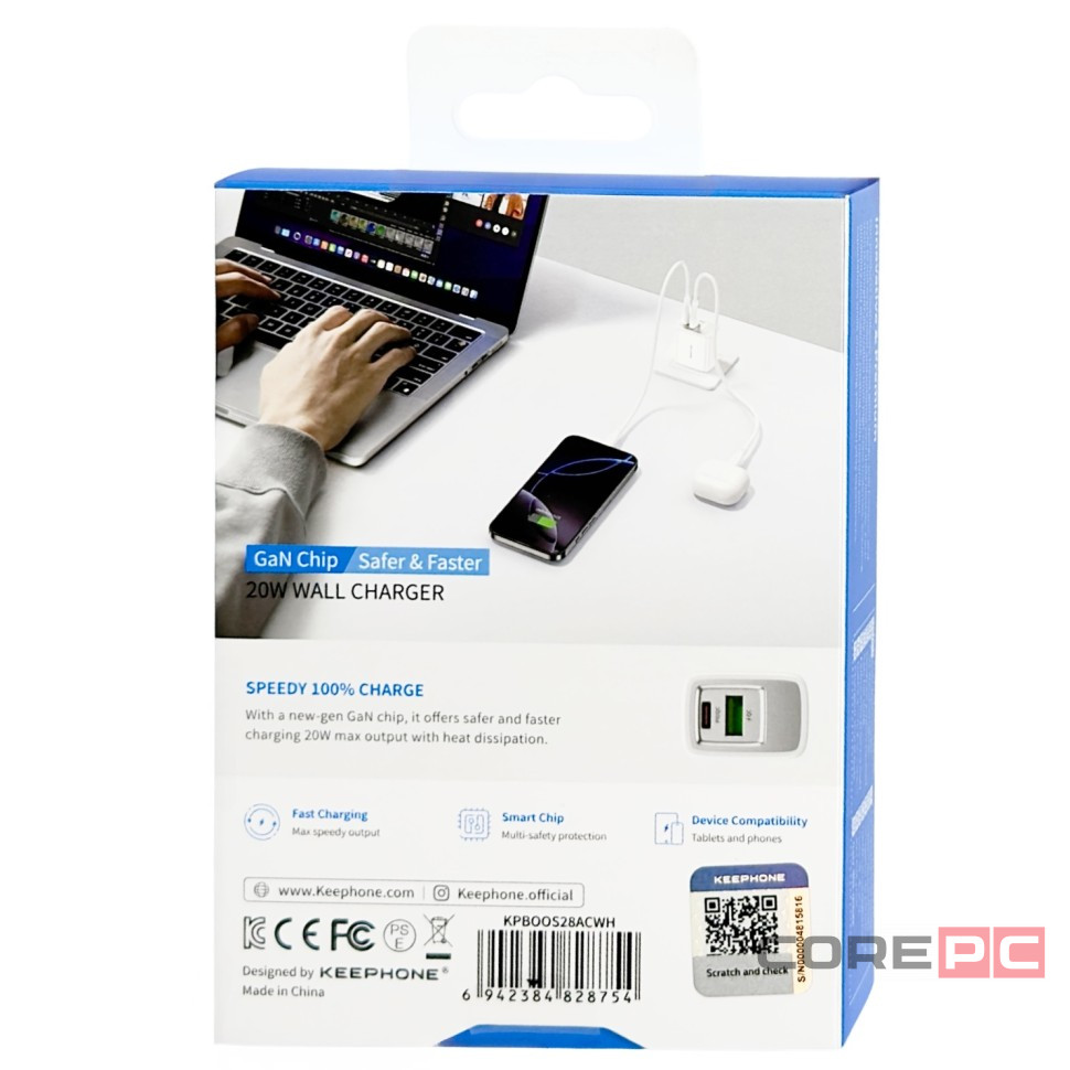 Сетевое зар. устр. Keephone Booster 1USB+1C Gan 20W белое