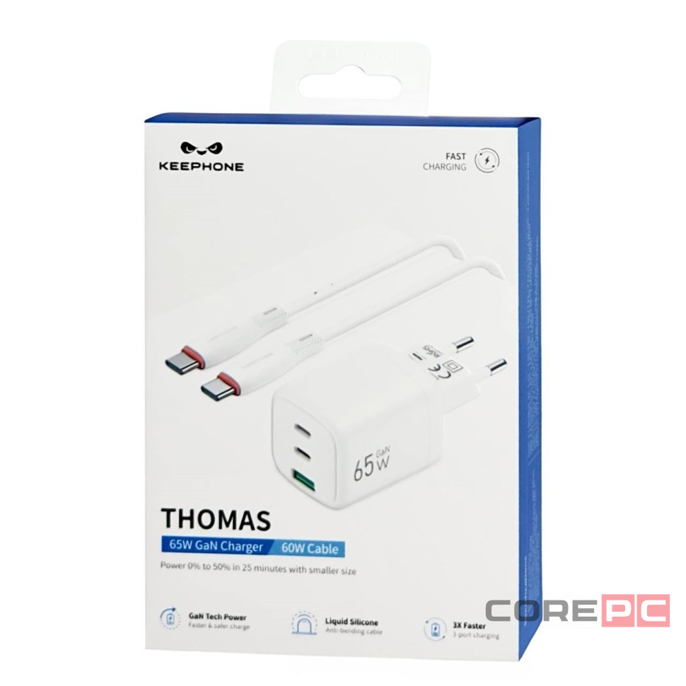 Сетевое зар. устр. Keephone Thomas KP-EB011 1USB+2C 65W Gan с кабелем Type-C на Type-C белое