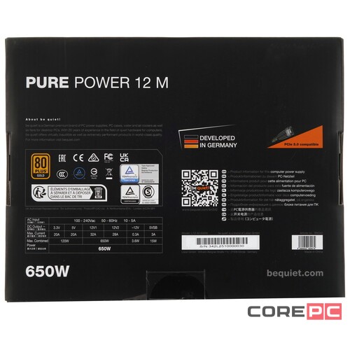 Блок питания Be Quiet! 650W PURE POWER 12 M BN342 16 pin (PCIe 5.0 Connector Cable Details)