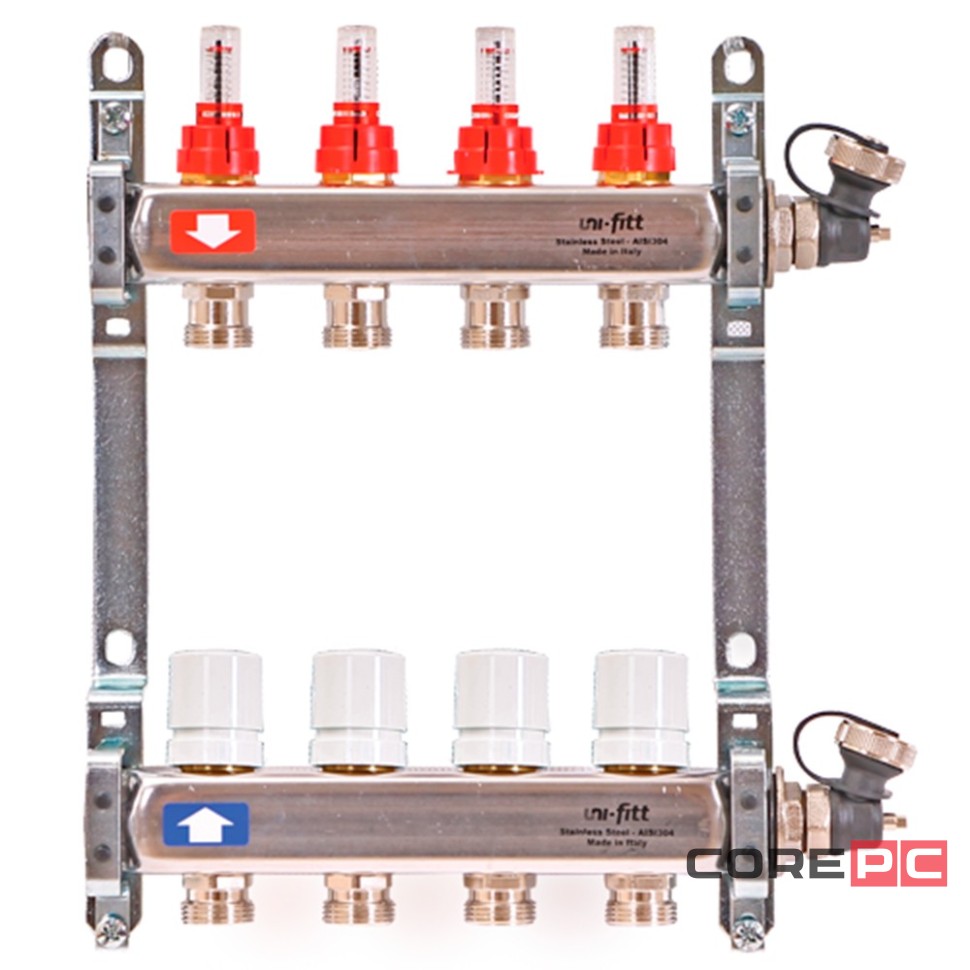 Группа коллекторная Uni-Fitt 1quot;х11 вых 3/4quot; с расходомерами и термостат. вентилями, нерж. сталь
