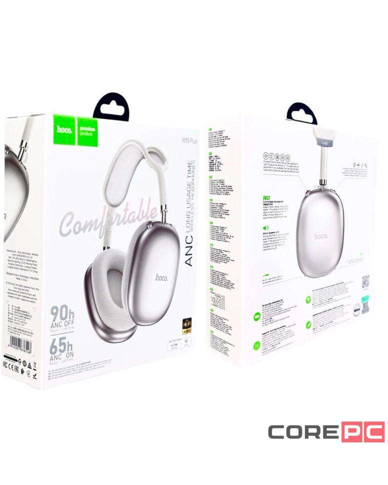 Стереонаушники Bluetooth полноразмерные Hoco W55 Plus ANC BT5.4/ANC/65ч серебристые
