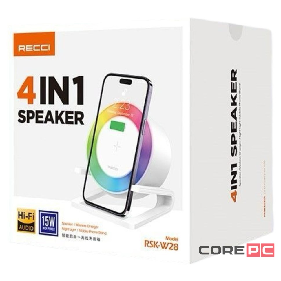 Bluetooth колонка с беспроводной зарядкой и RGB подсветкой Recci RSK-W28 белая