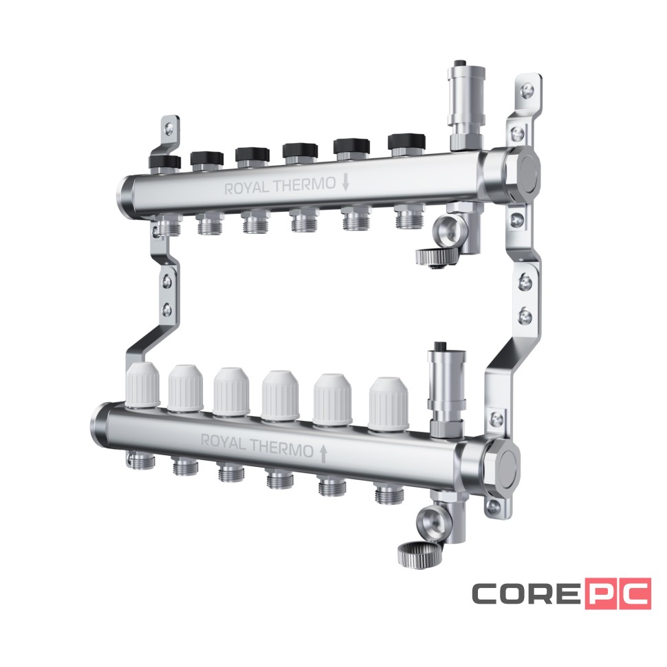 Коллектор Royal Thermo нерж. в сборе универсальный 1quot; ВР-3/4quot; НР с автомат. воздухоотвод-ми 4 вых.
